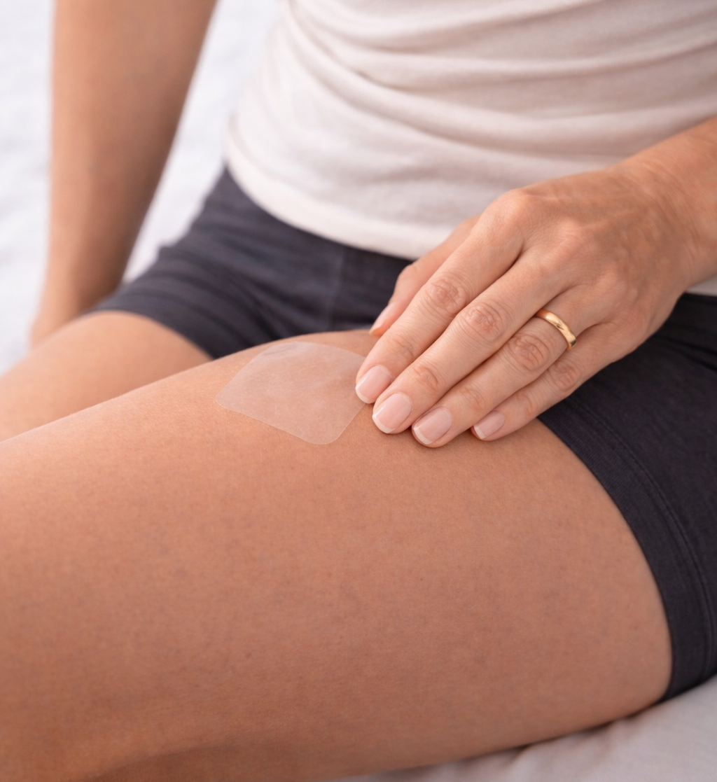 woman placing hrt patch on thigh